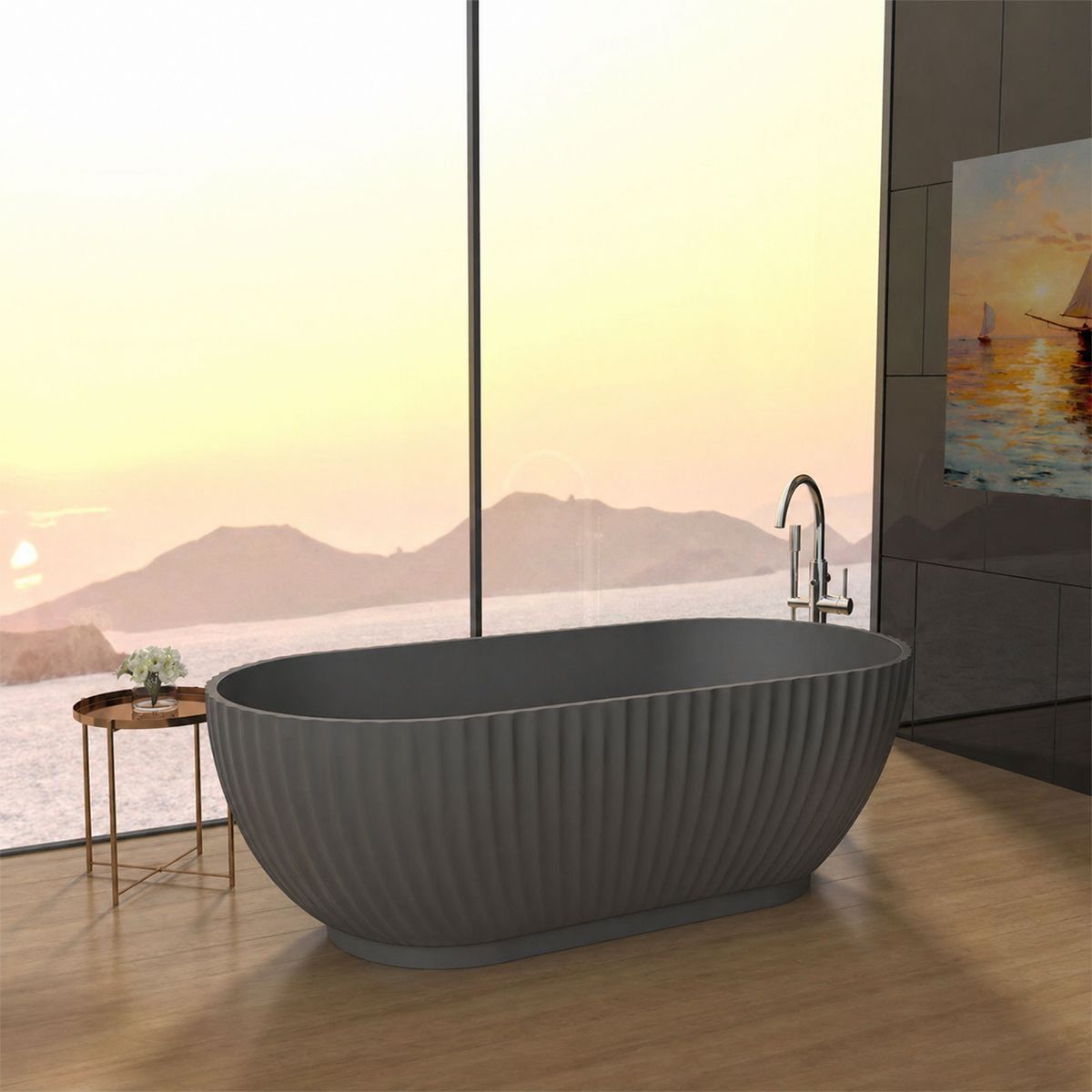Badewanne, freistehend, Mineralverbund, Ablauf inklusive, Matte Anthracite, 170x80 cm, Bali