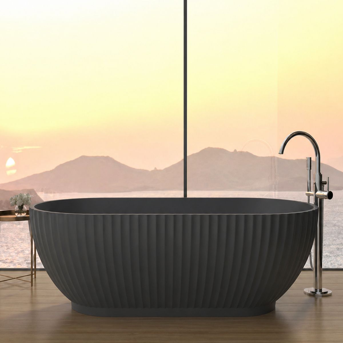 Badewanne, freistehend, Mineralverbund, Ablauf inklusive, Matte Anthracite, 170x80 cm, Bali