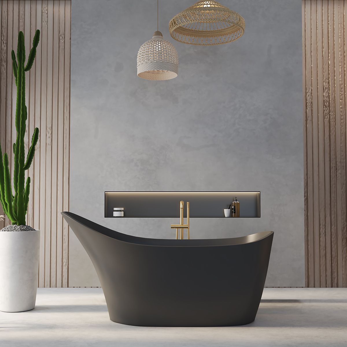 Freistehende Badewanne, Mineralkomposit, inklusive schwarzem Ventil, Mattschwarz, 172x74 cm, Evelin