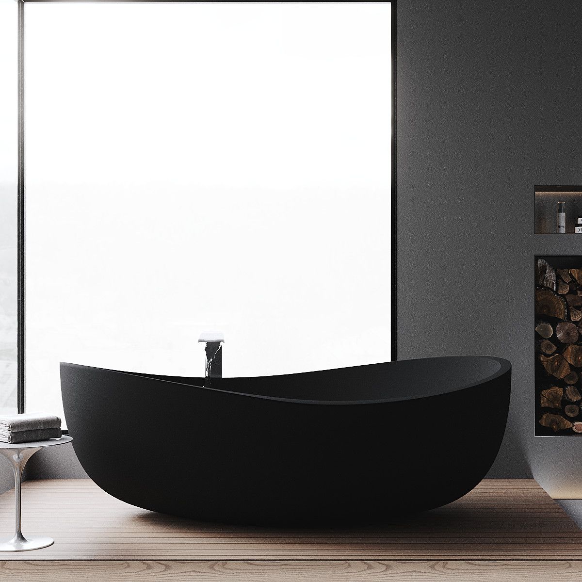 Freistehende Badewanne, Mineralkomposit, inklusive schwarzem Ablaufventil, Mattschwarz, 180x109 cm, Lirio