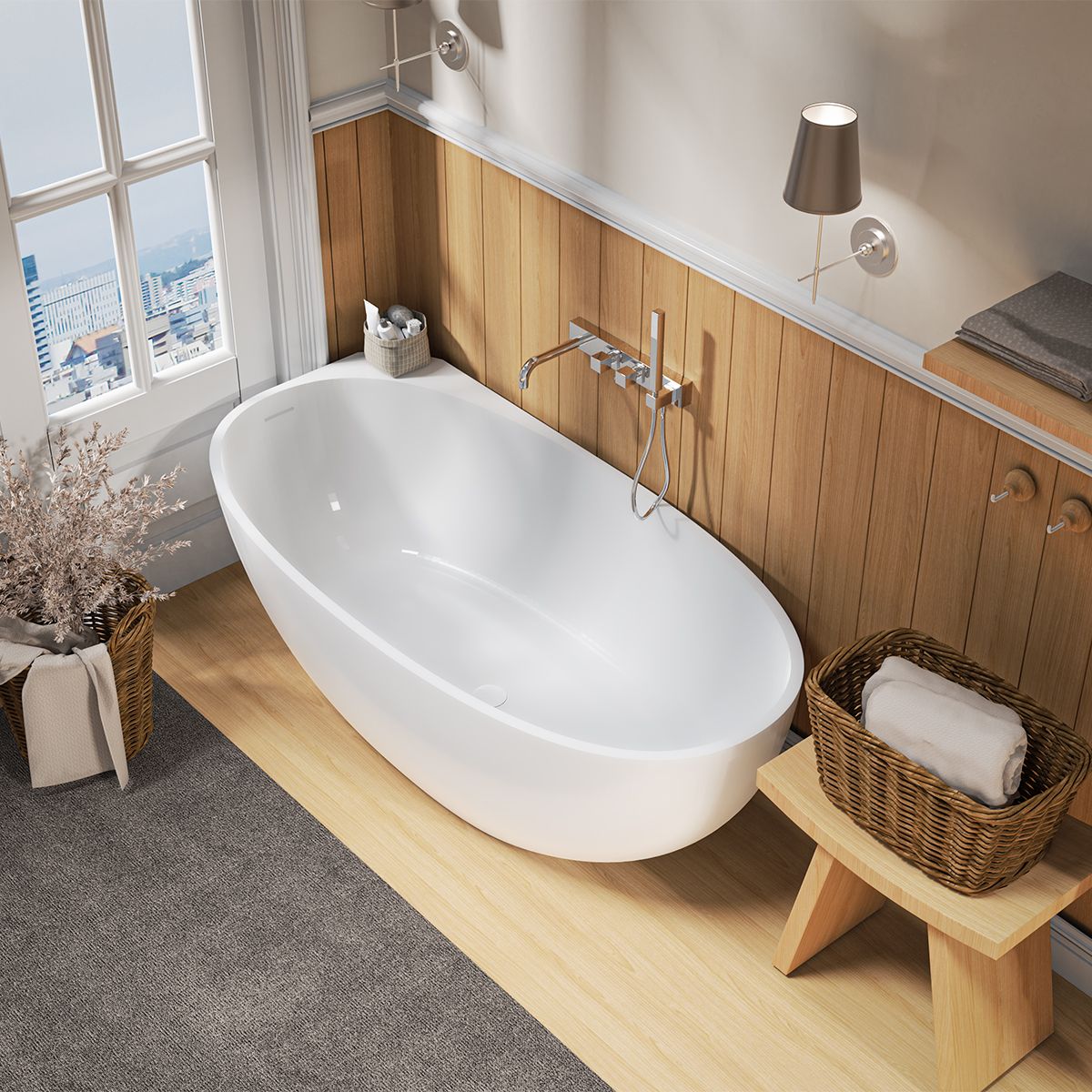 Freistehende Badewanne, Eckmontage, Mineralkomposit, inklusive weißem Ventil, glänzend Weiß, 160x78 cm, Fifi