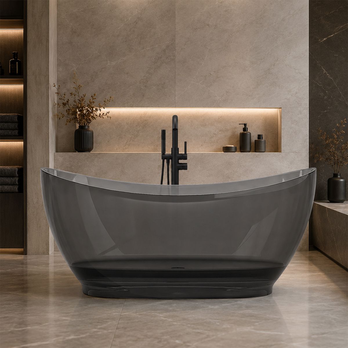Freistehende Badewanne, Cristalmood, inklusive verchromter Abluftventil, Farbe: Rauchgrau, transparent, 170 x 80 cm, Selora