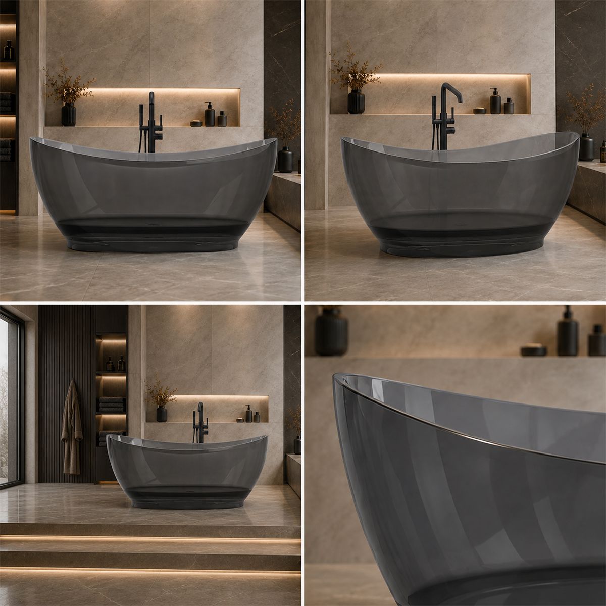 Freistehende Badewanne, Cristalmood, inklusive verchromter Abluftventil, Farbe: Rauchgrau, transparent, 170 x 80 cm, Selora