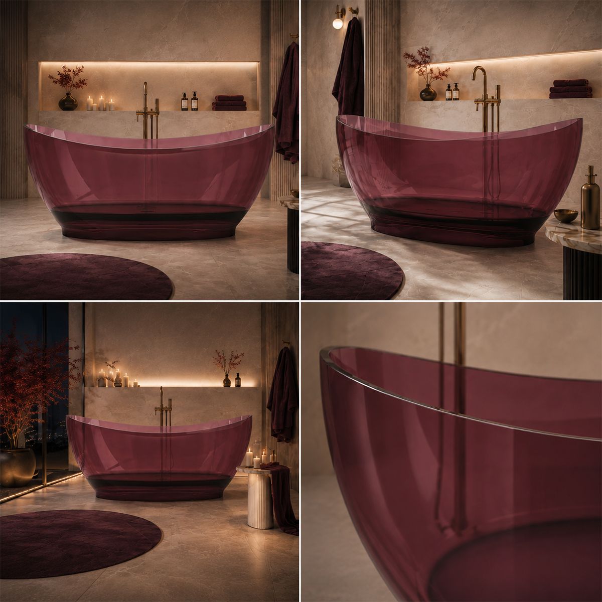 Freistehende Badewanne, Cristalmood, inklusive verchromter Abluftventil, Farbe: Weinrot, transparent, 170 x 80 cm, Selora