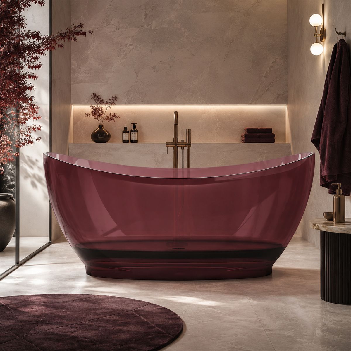 Freistehende Badewanne, Cristalmood, inklusive verchromter Abluftventil, Farbe: Weinrot, transparent, 170 x 80 cm, Selora