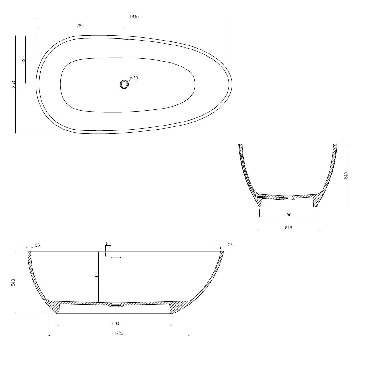 Badewanne Ivete, Coroian-Verbundstoff, glänzend Weiß, 169 cm, Wärmedämmung, freistehend
