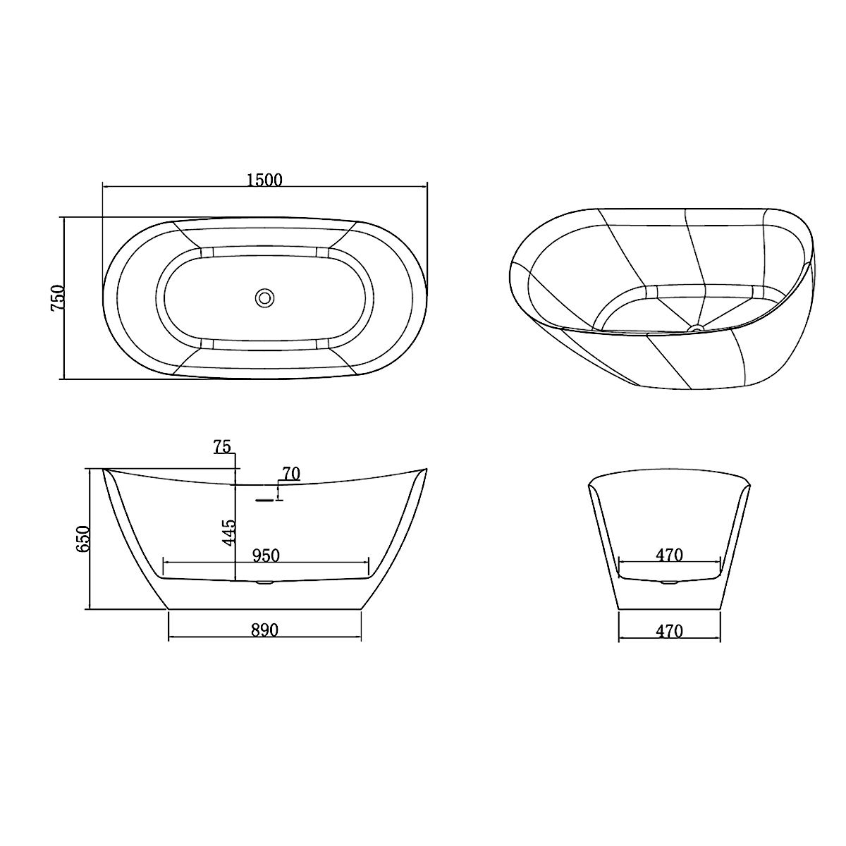 Badewanne Kevin, Sanitäracryl, glänzend Weiß, 150, 160, 170 cm, Wärmedämmung, freistehend