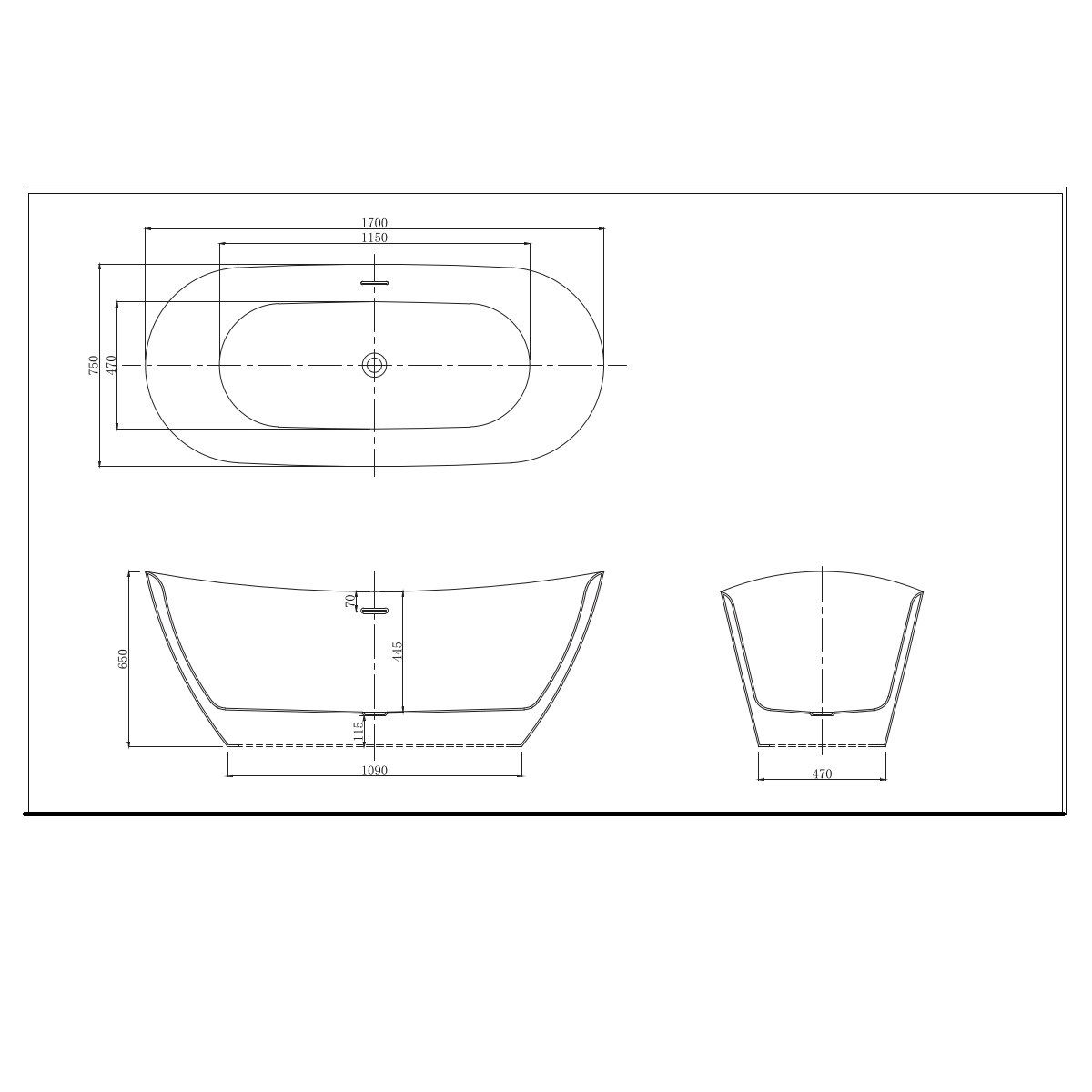 Badewanne Kevin, Sanitäracryl, glänzend Schwarz, 160 oder 170 cm, Wärmedämmung, freistehend