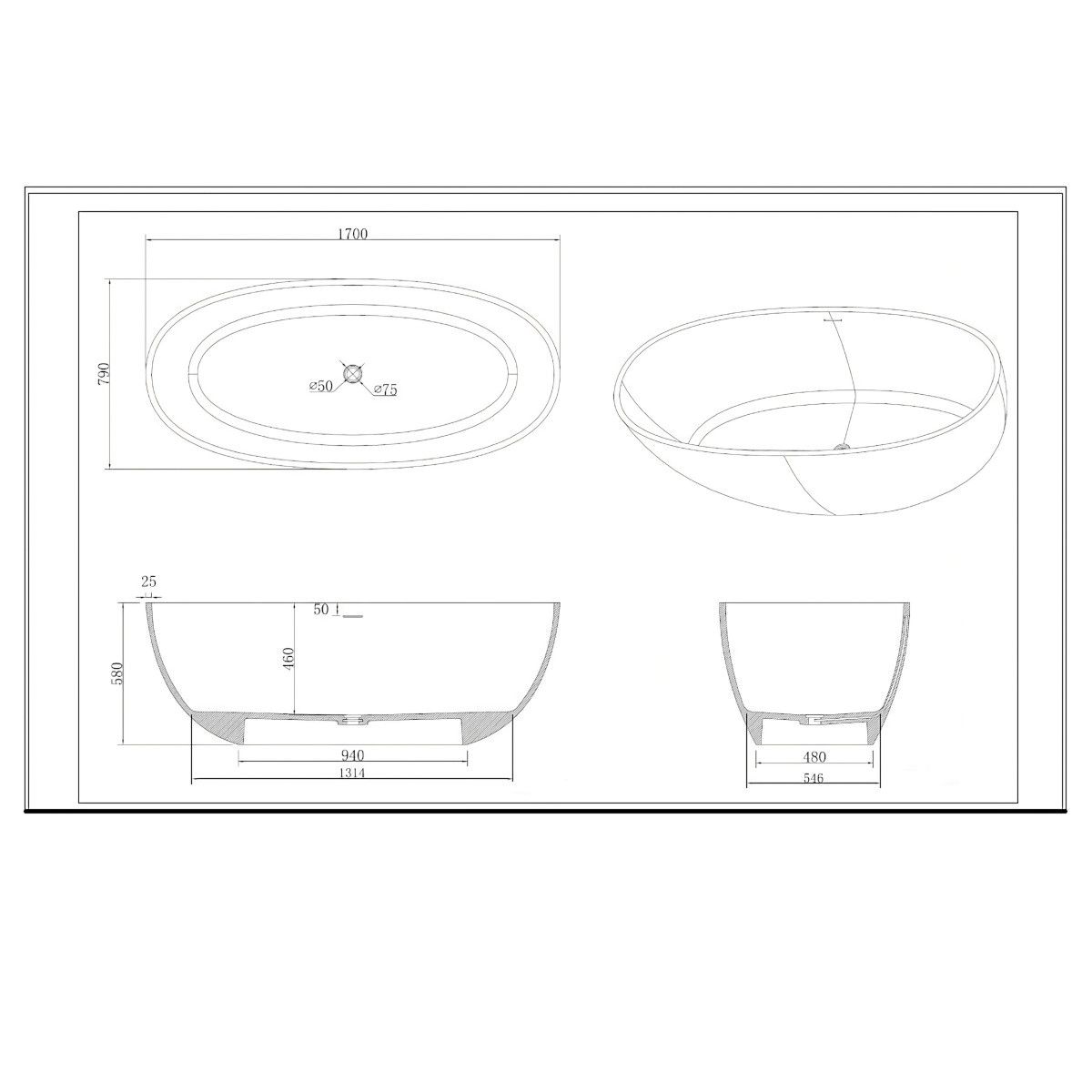 Badewanne Lulu, Coroian-Verbundstoff, Weiß, 170 oder 180 cm, Wärmedämmung, freistehend