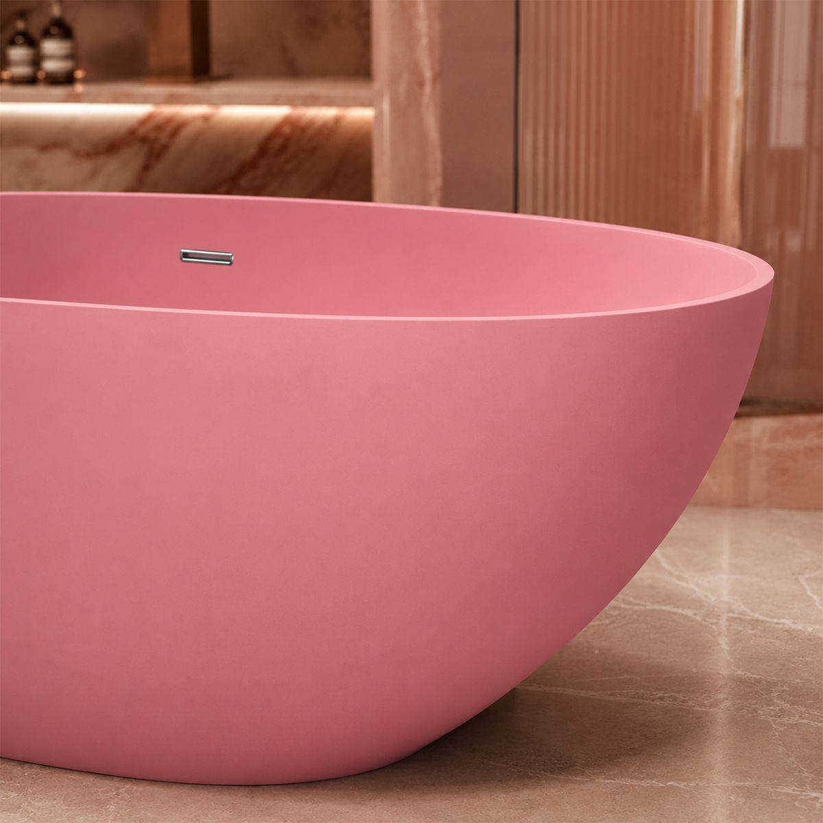 Badewanne, Mineralwerkstoff, freistehend, inklusive Chrom-Lüftungsventil, Lachsrosa matt, 170 x 78 cm, Aveline