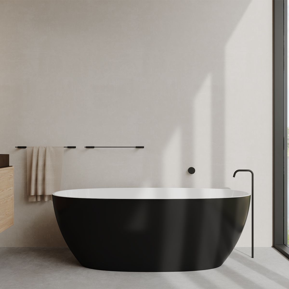 Badewanne Zinon, Sanitäracryl, glänzend Weiß innen, glänzend Schwarz außen, 160 oder 170 cm, Wärmedämmung, freistehend