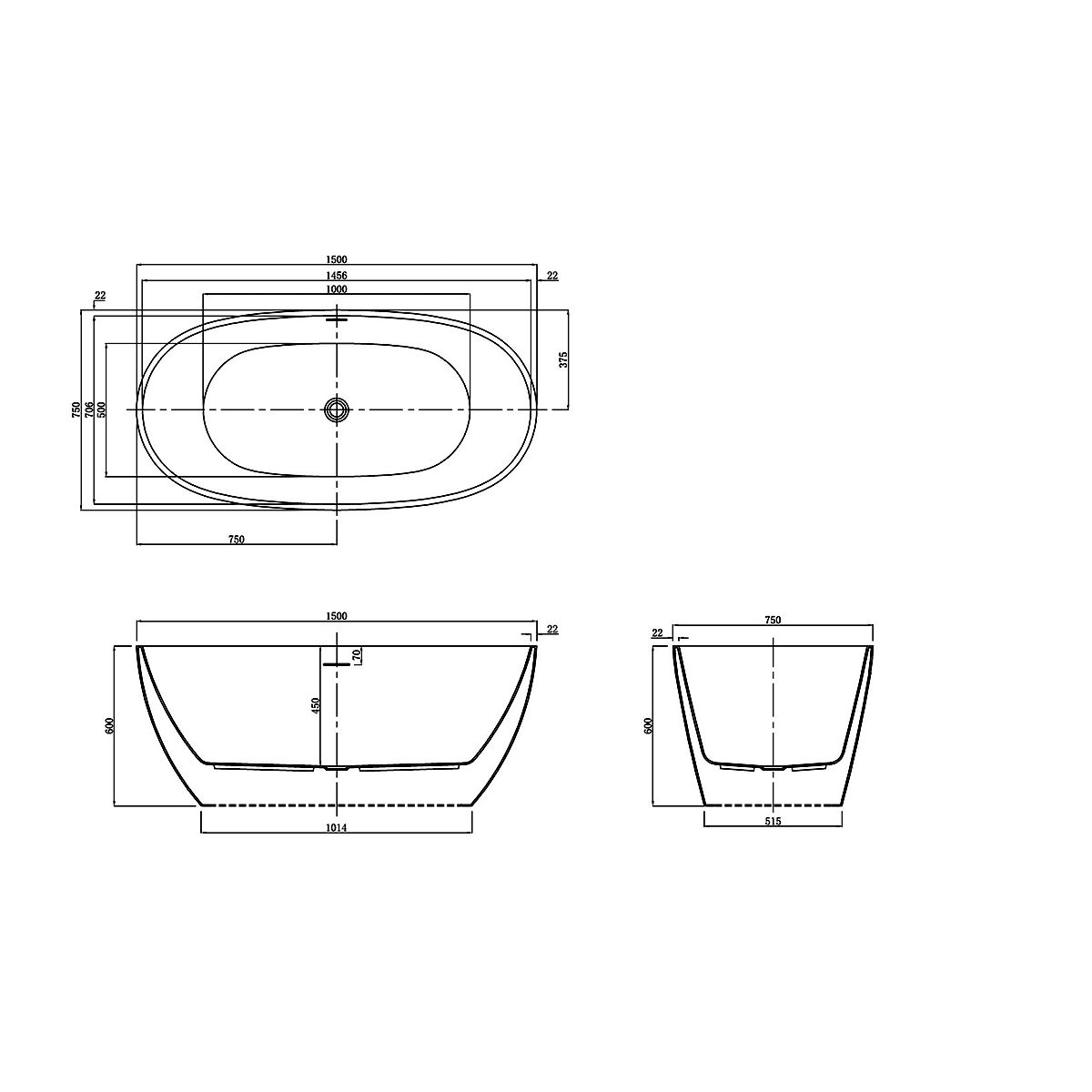 Badewanne Zinon, Sanitäracryl, glänzend Weiß, 150, 160, 170 cm, Wärmedämmung, freistehend