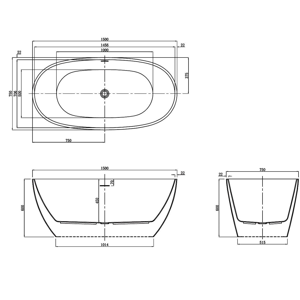 Badewanne Zinon, Sanitäracryl, glänzend Weiß, 150, 160, 170 cm, Wärmedämmung, freistehend