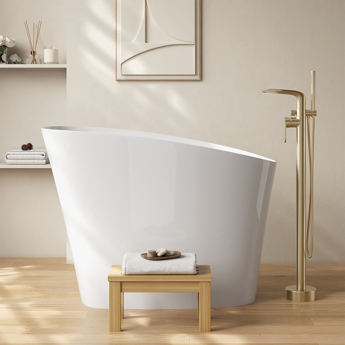 Japanische Badewanne, Mineralverbund, glänzend Weiß, 120x58 cm, Wärmeisolierung, weißes Ablauf inklusive, Freistehend, Sakura