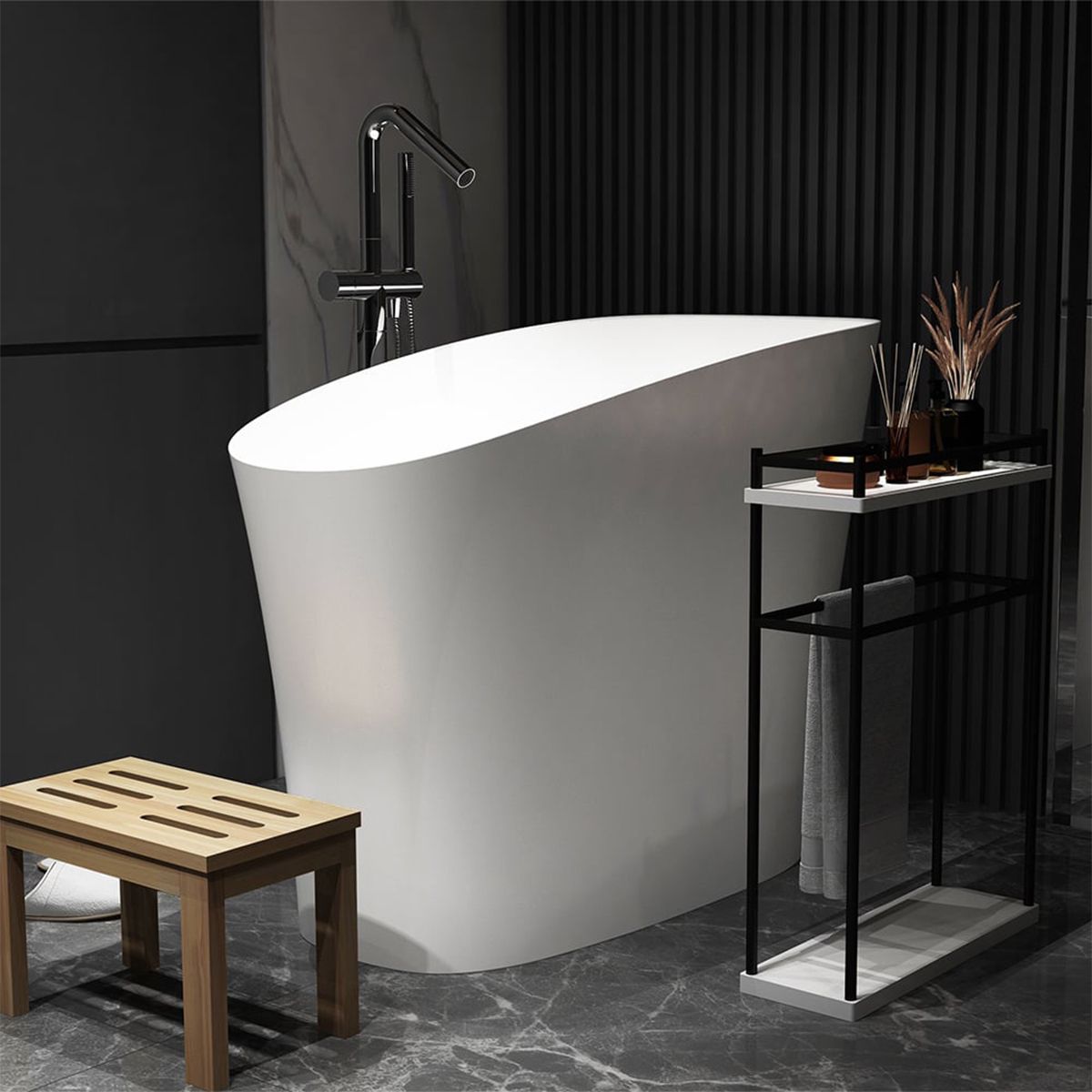 Japanische Badewanne, Mineralverbund, glänzend Weiß, 120x58 cm, Wärmeisolierung, weißes Ablauf inklusive, Freistehend, Sakura