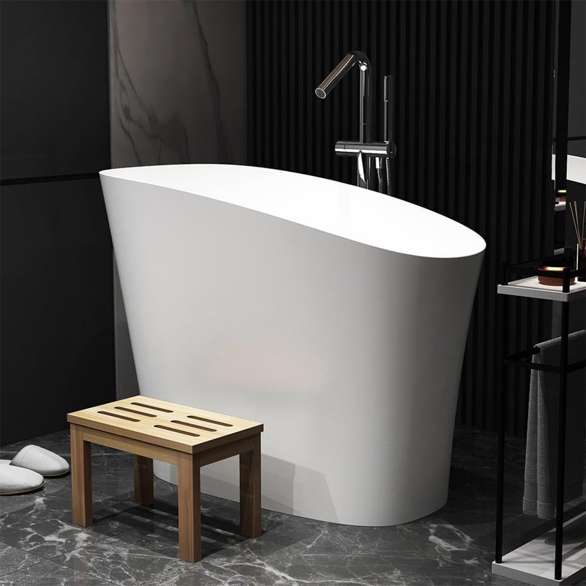 Japanische Badewanne, Mineralverbund, glänzend Weiß, 120x58 cm, Wärmeisolierung, weißes Ablauf inklusive, Freistehend, Sakura