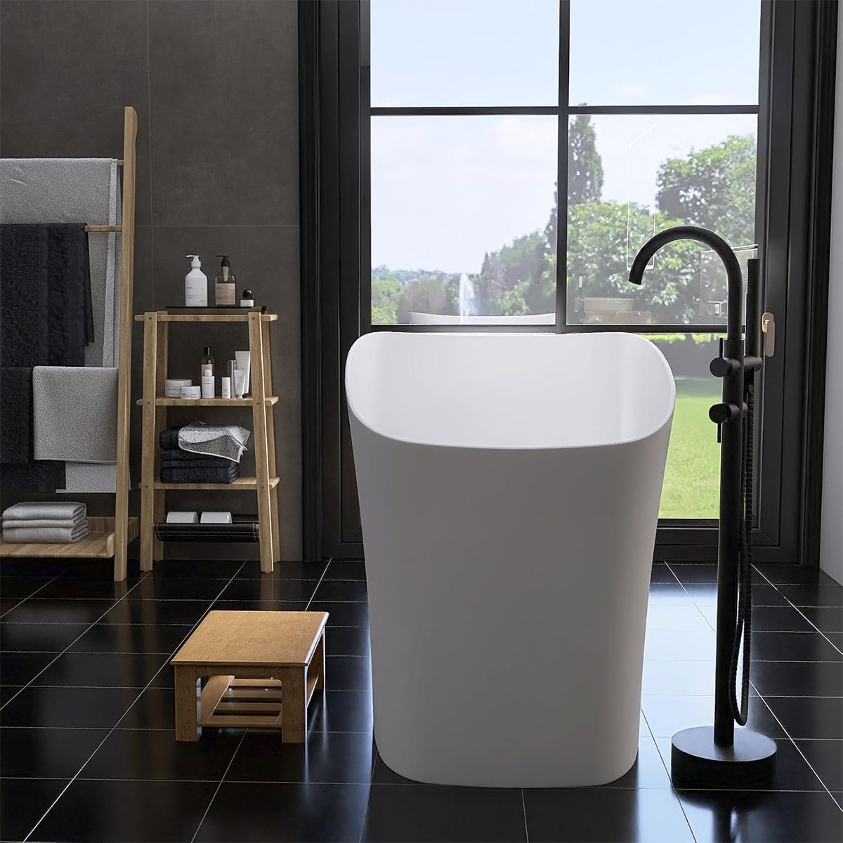Japanische Badewanne, Mineralverbund, glänzend Weiß, 120x58 cm, Wärmeisolierung, weißes Ablauf inklusive, Freistehend, Sakura