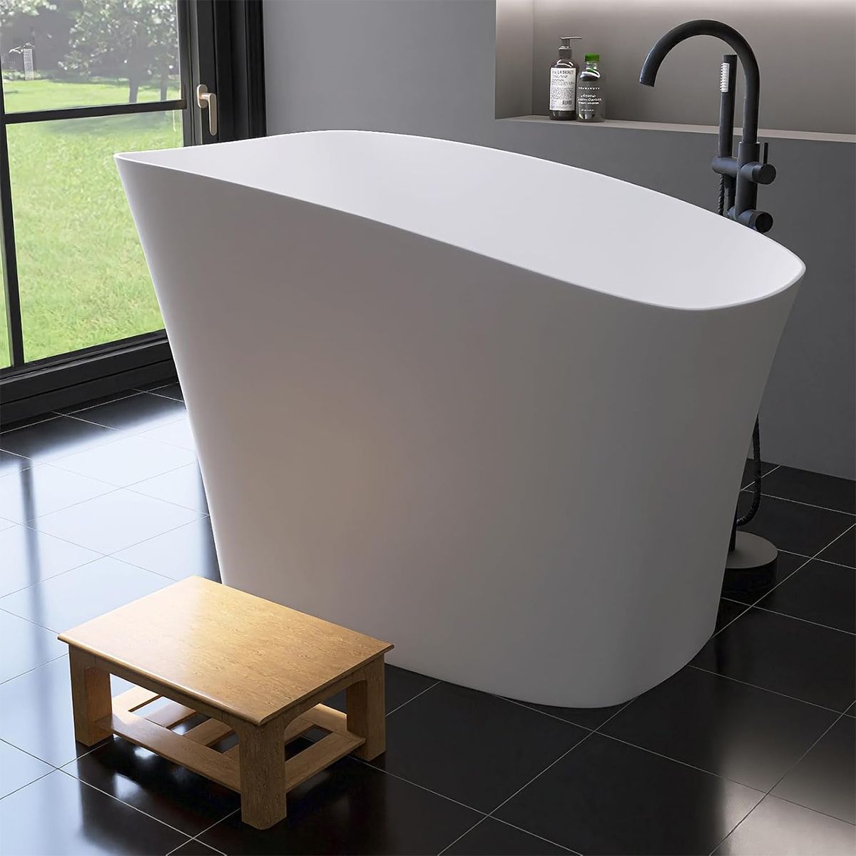 Japanische Badewanne, Mineralverbund, glänzend Weiß, 120x58 cm, Wärmeisolierung, weißes Ablauf inklusive, Freistehend, Sakura