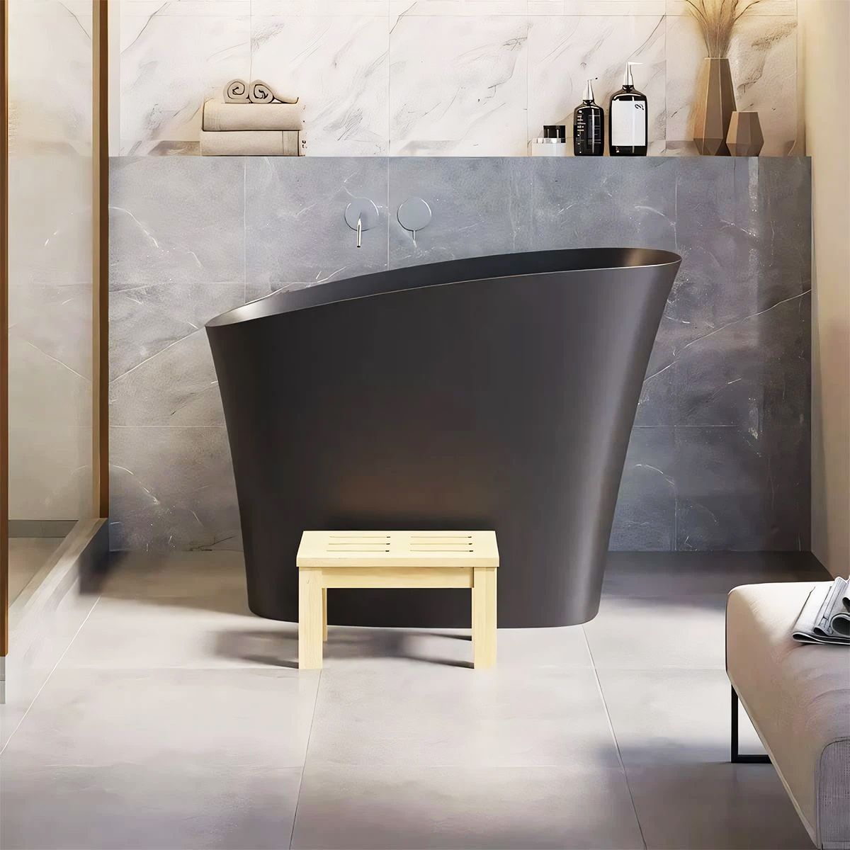 Japanische Badewanne, Mineralverbund, MatteAnthracite, 120x58 cm, Wärmeisolierung, Abfluss inklusive, Freistehend, Sakura