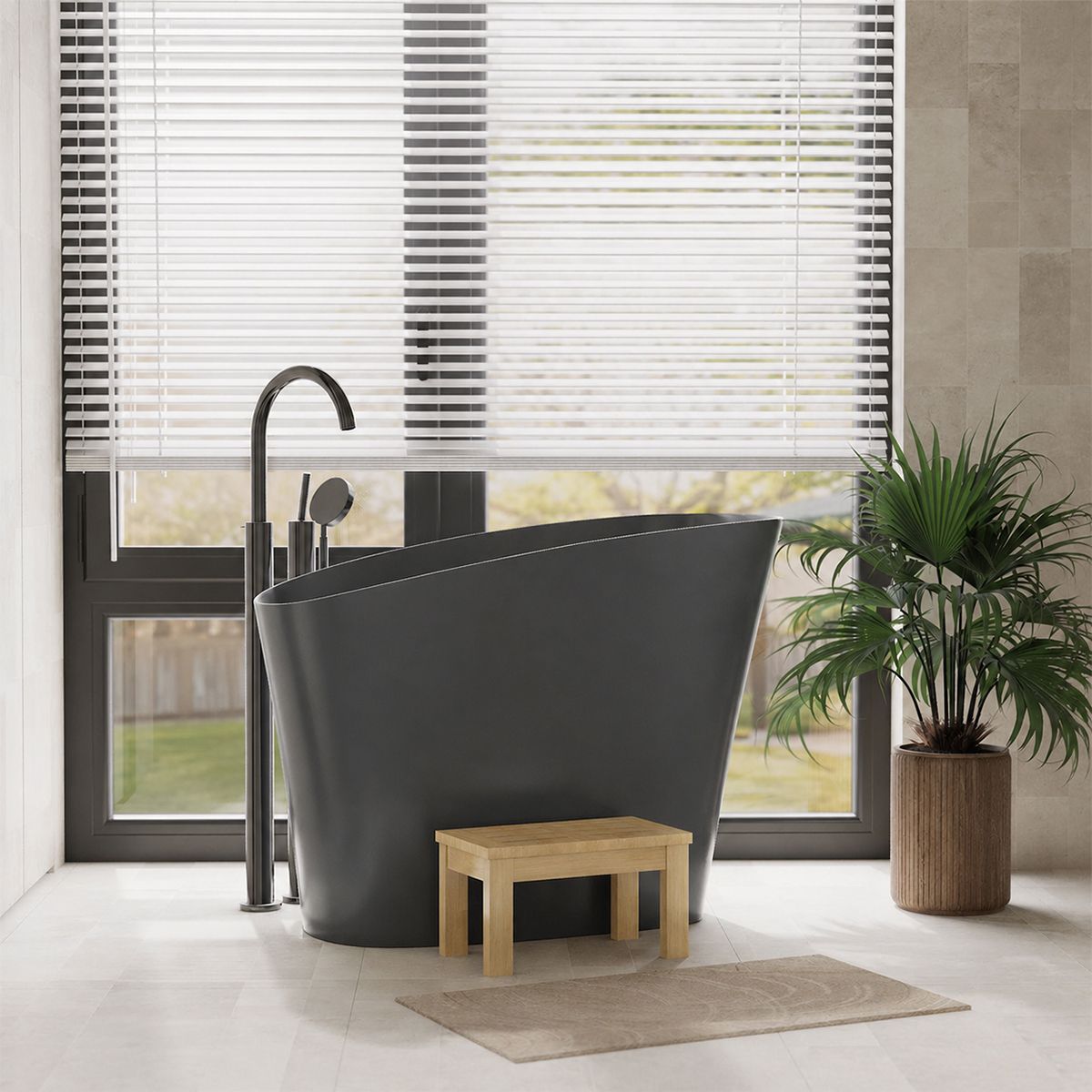 Japanische Badewanne, Mineralverbund, MatteAnthracite, 120x58 cm, Wärmeisolierung, Abfluss inklusive, Freistehend, Sakura