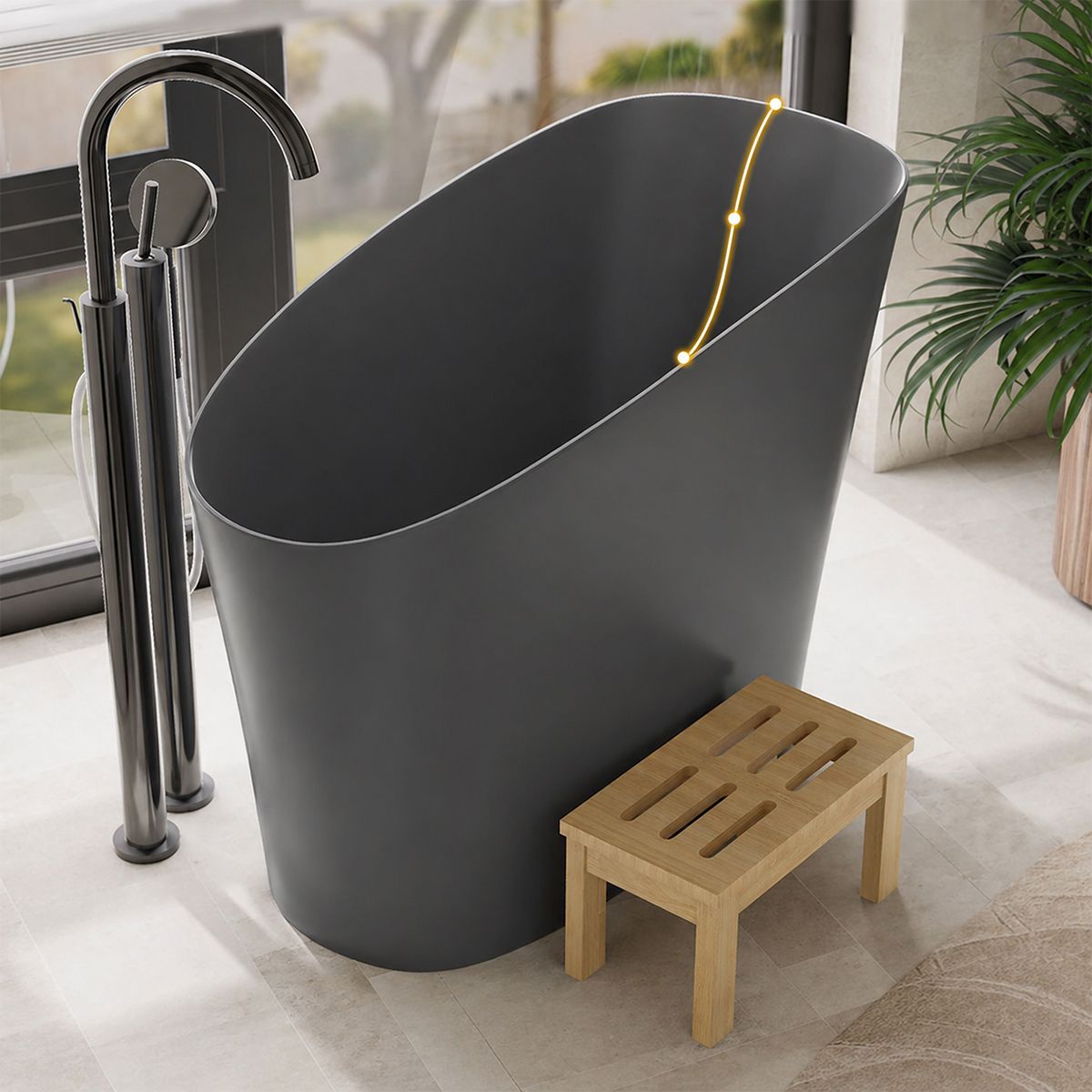 Japanische Badewanne, Mineralverbund, MatteAnthracite, 120x58 cm, Wärmeisolierung, Abfluss inklusive, Freistehend, Sakura
