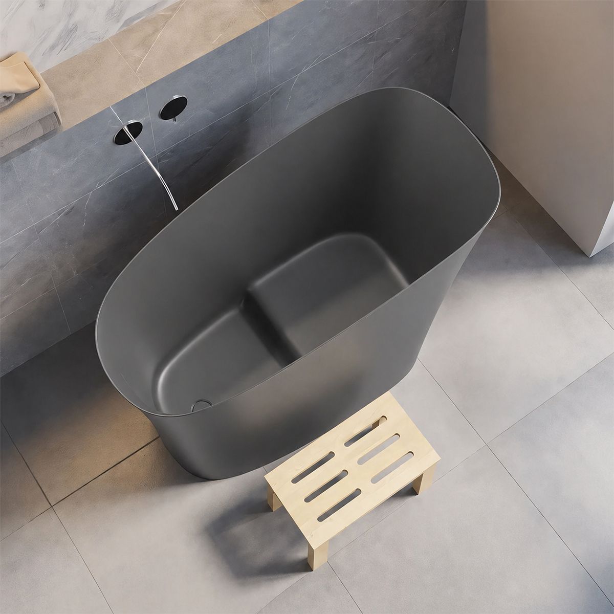 Japanische Badewanne, Mineralverbund, MatteAnthracite, 120x58 cm, Wärmeisolierung, Abfluss inklusive, Freistehend, Sakura