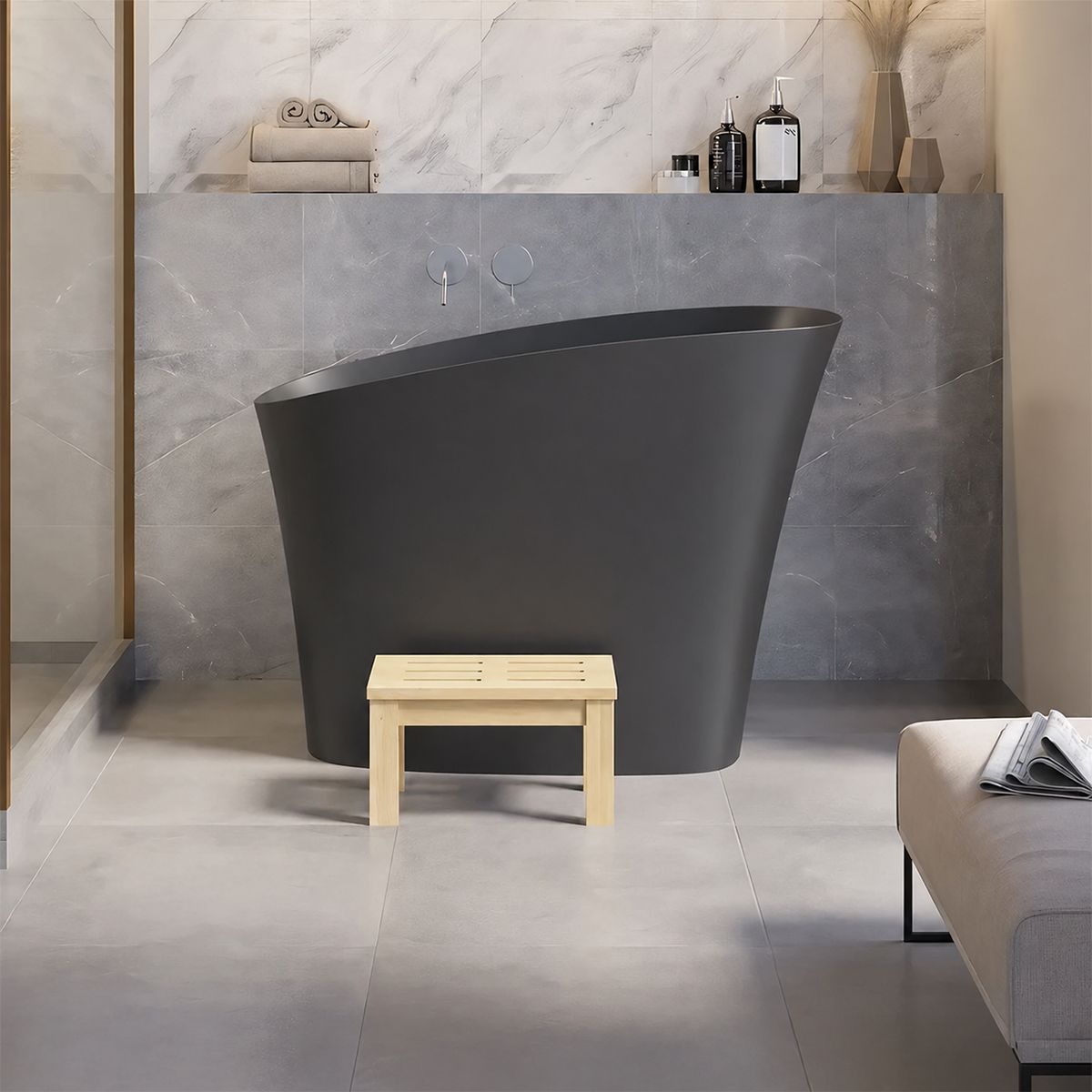 Japanische Badewanne, Mineralverbund, MatteAnthracite, 120x58 cm, Wärmeisolierung, Abfluss inklusive, Freistehend, Sakura