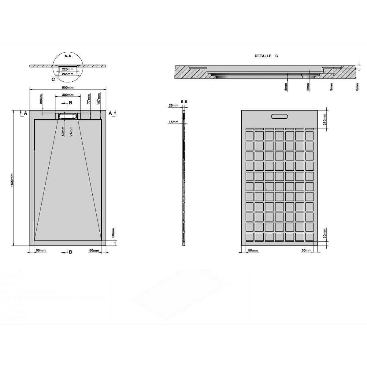 Duschwanne, Weiß, Carrara Arabescato Finish, Mineralkomposit, Höhe 2,5 cm, Maße 100-160x80-90 cm, zuschneidbar, Antonio