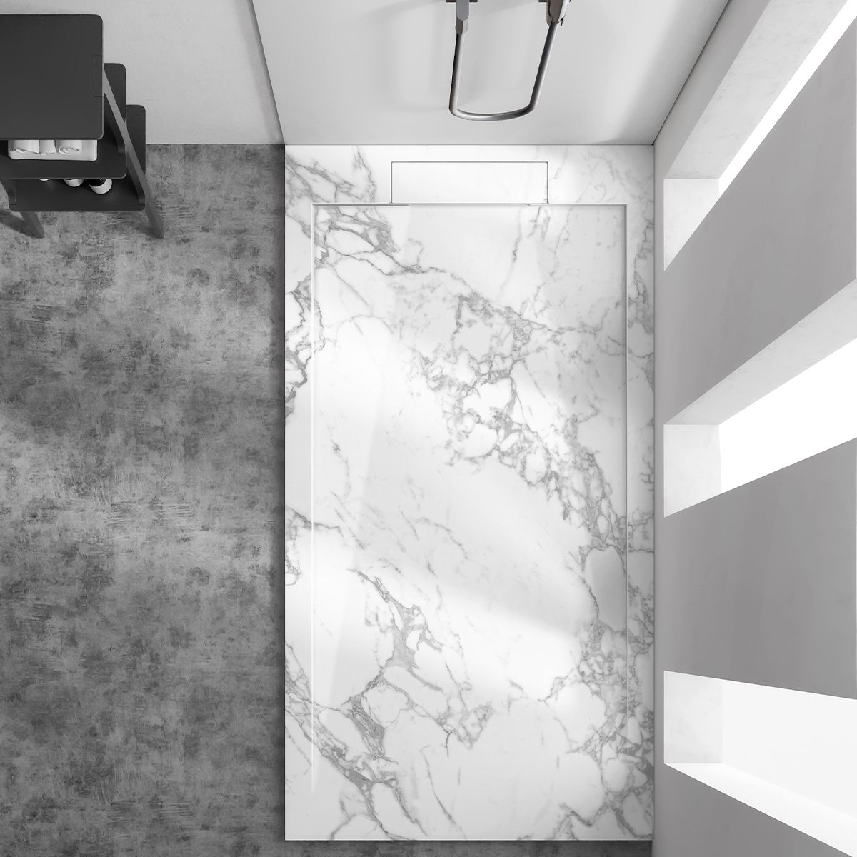 Duschwanne, Weiß, Carrara Arabescato Finish, Mineralkomposit, Höhe 2,5 cm, Maße 100-160x80-90 cm, zuschneidbar, Antonio