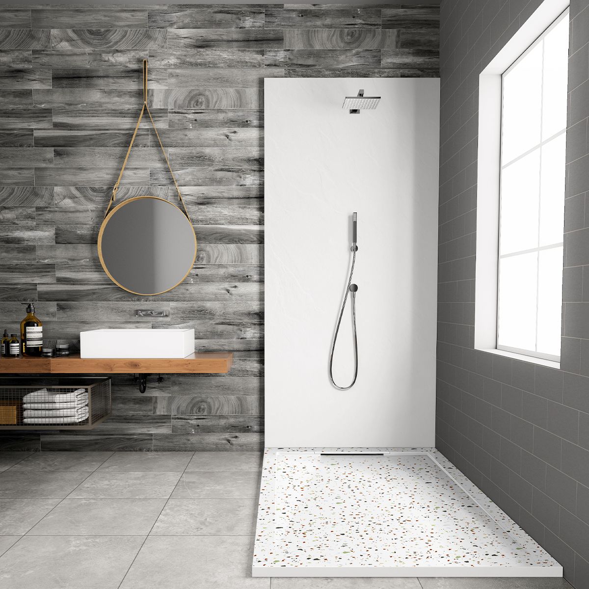 Duschwanne, Weiß, Terrazzo Finish, Mineralkomposit, Höhe 2,5 cm, Maße 100-120x80-90 cm, zuschneidbar, Antonio