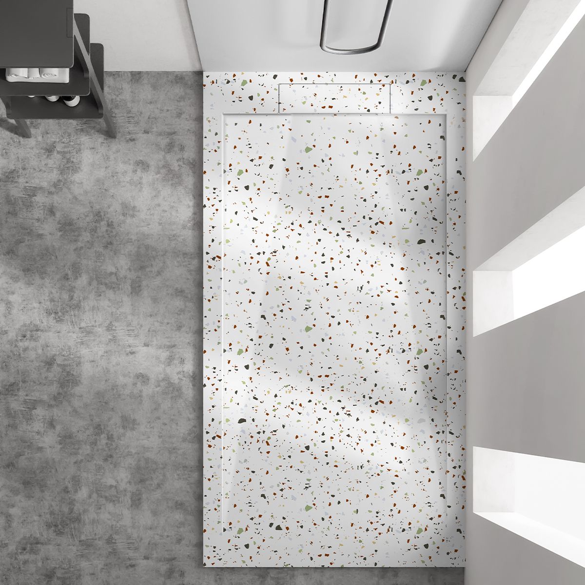 Duschwanne, Weiß, Terrazzo Finish, Mineralkomposit, Höhe 2,5 cm, Maße 100-120x80-90 cm, zuschneidbar, Antonio