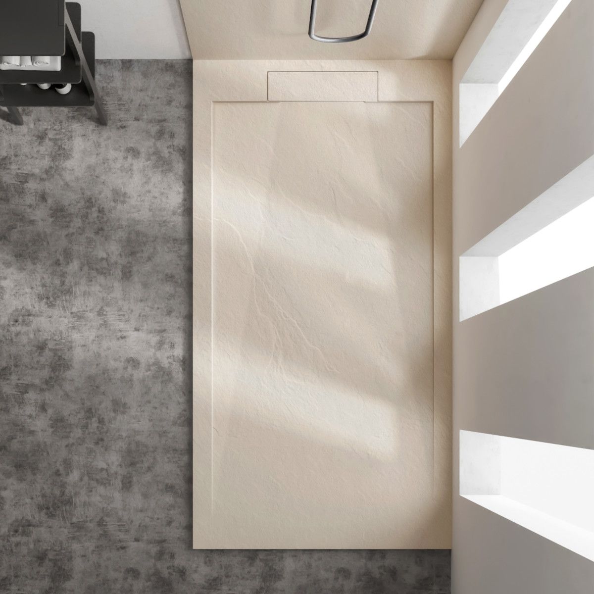 Duschwanne, Mineralkomposit, Maße 70-90 x 80-160 cm, Höhe 2,5 cm, verdeckter Ablauf, zuschneidbar, Creme, Antonio