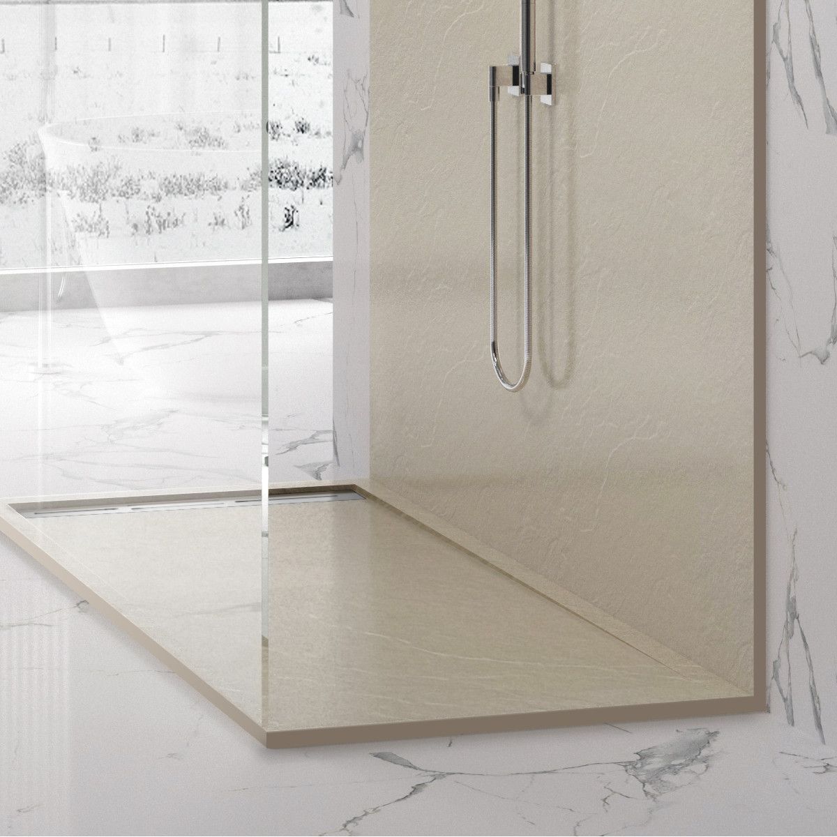 Duschwanne, Mineralkomposit, Maße 90-100x120-160 cm, Höhe 2,8 cm, zuschneidbar, Creme, Gonzalo