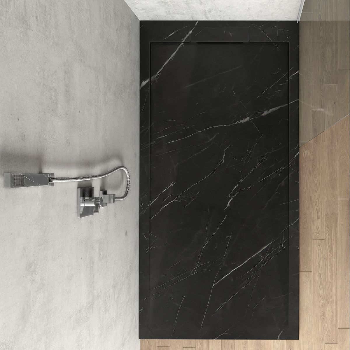 Duschwanne, Schwarz Marquina, matte Marmor-Oberfläche, Mineralkomposit, Maße 100-160x70-90 cm, zuschneidbar, Antonio