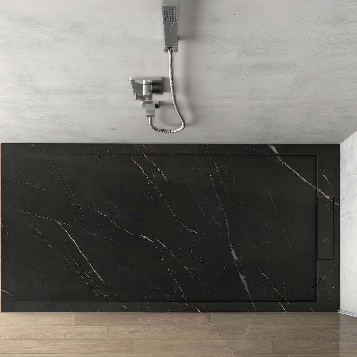 Duschwanne, Schwarz Marquina, matte Marmor-Oberfläche, Mineralkomposit, Maße 100-160x70-90 cm, zuschneidbar, Antonio
