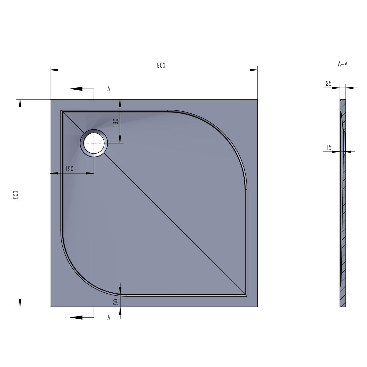 Duschwanne, quadratisch, glänzend Weiß, Mineralkomposit, Höhe 2,5 cm, 80x80-90x90 cm, Fresca