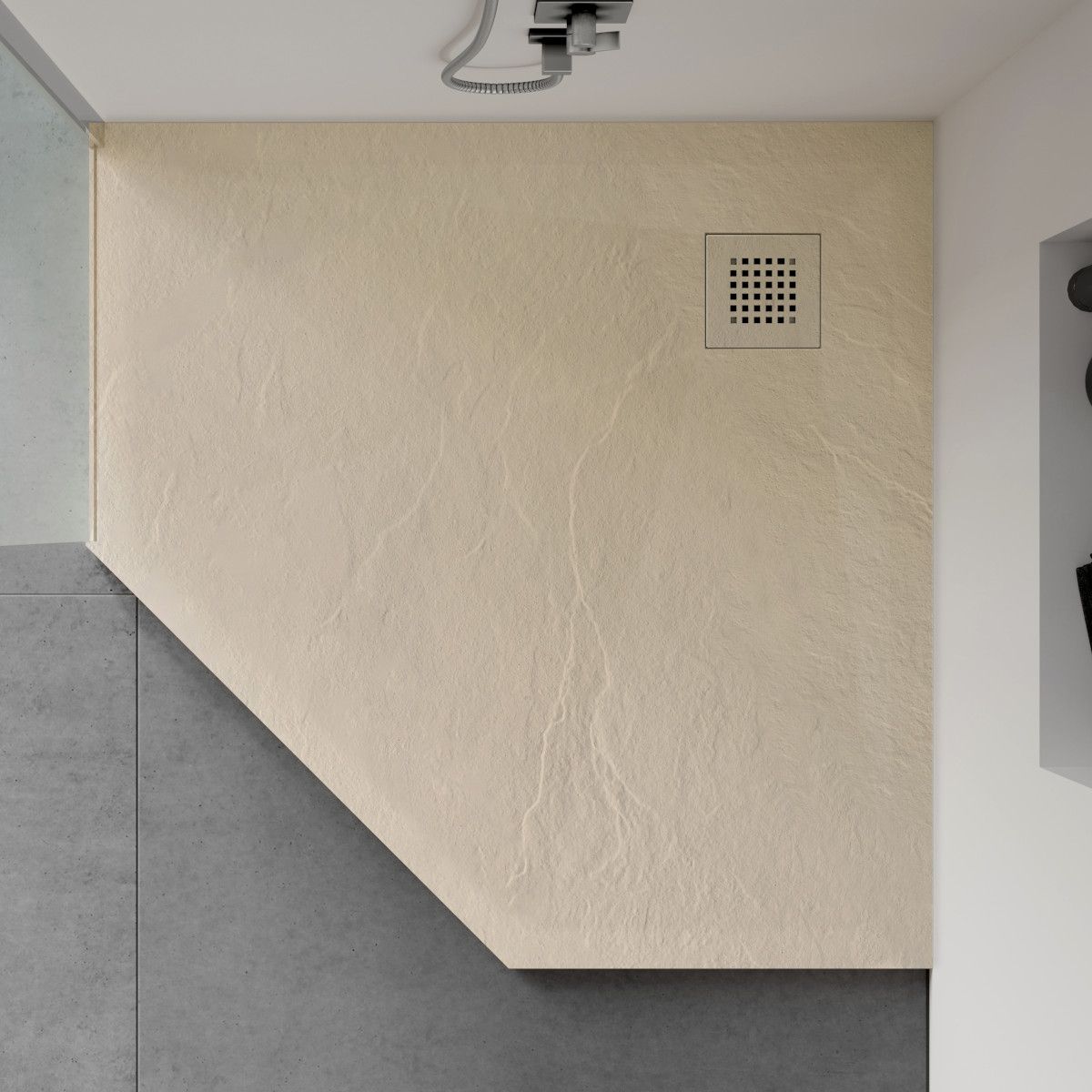 Fünfeckige Duschwanne, Mineralkomposit, Maße 90x90 cm, Höhe 2,5 cm, zuschneidbar, Creme, Aurelio