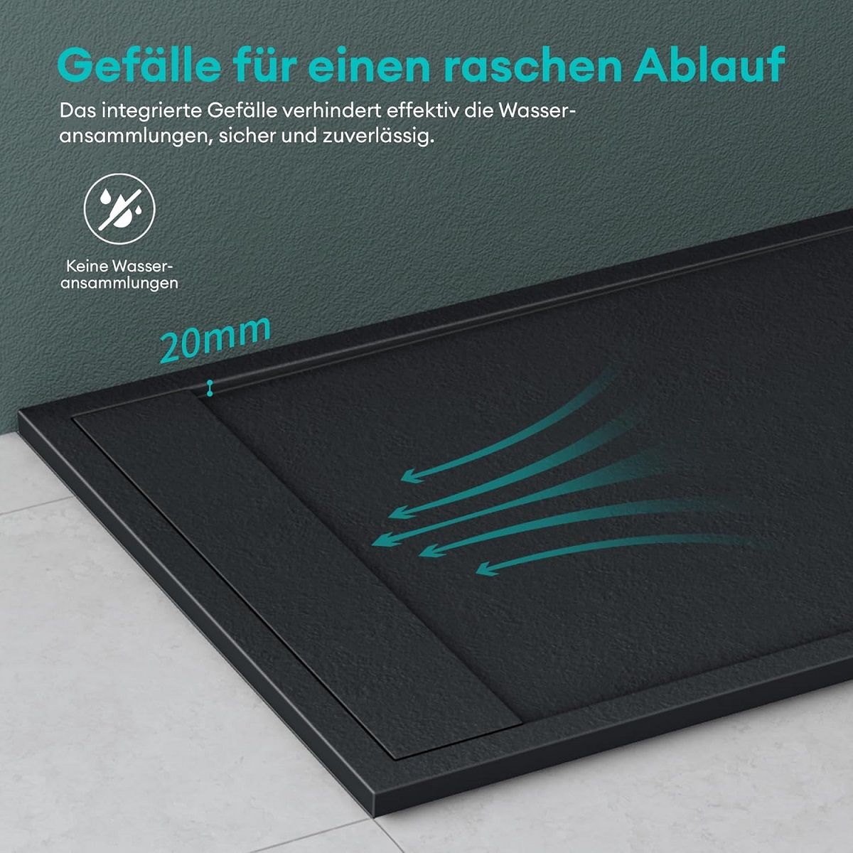 Duschwanne, Marmor-Verbundwerkstoff, verdeckter Abfluss, Höhe 3 cm, Anthrazit matt, Maße: 80–90 × 120 cm, GEO10