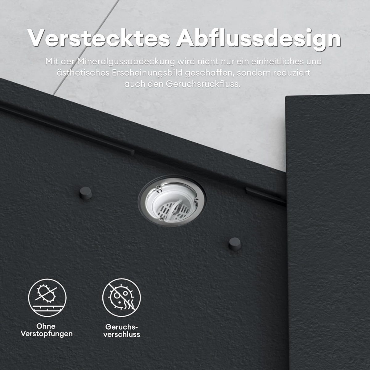 Duschwanne, Marmor-Verbundwerkstoff, verdeckter Abfluss, Höhe 3 cm, Anthrazit matt, Maße: 80–90 × 120 cm, GEO10