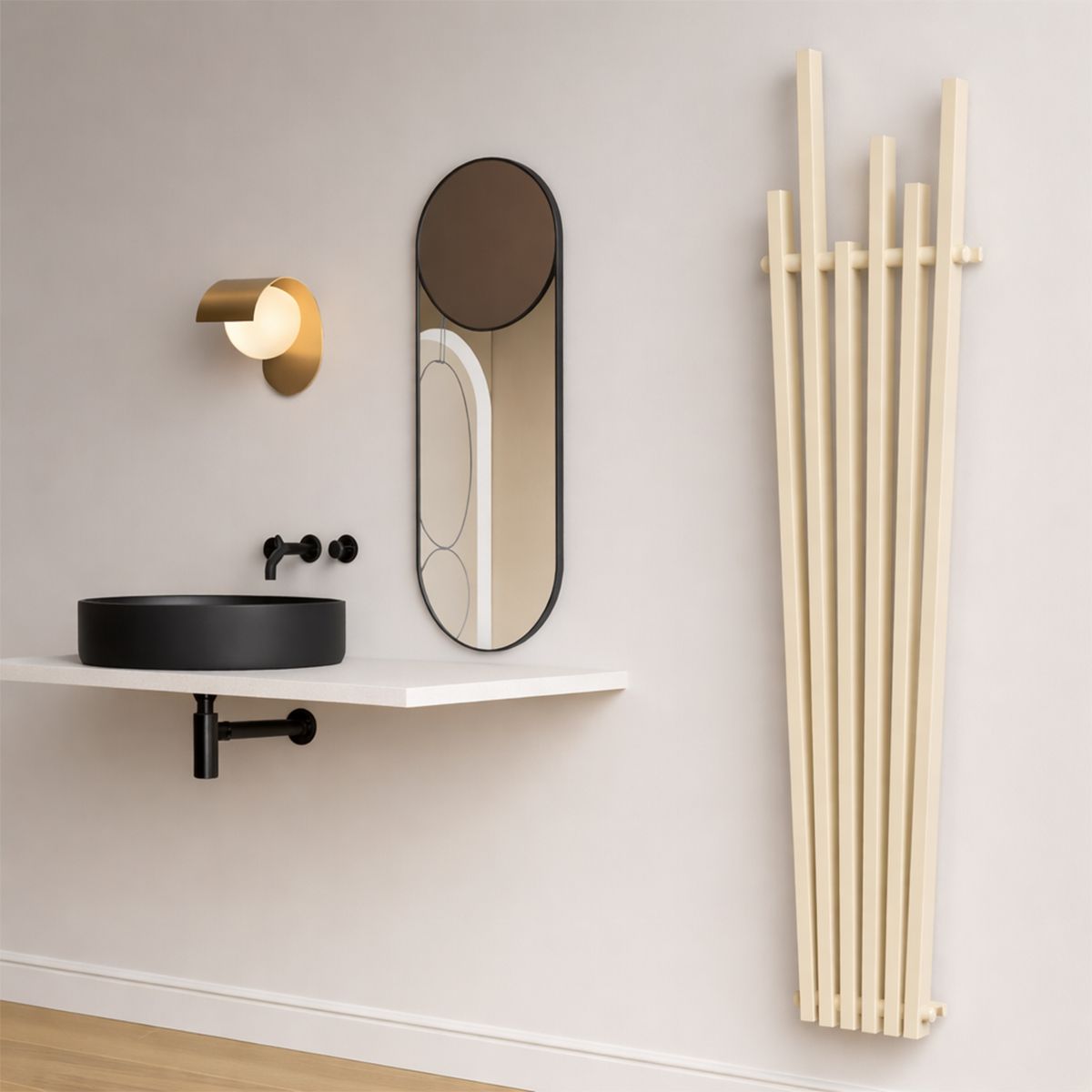 Heizkörper, cremefarben, 180 x 42 cm, 687 W, 6 Elemente, Stahl, modernes Design, Enes