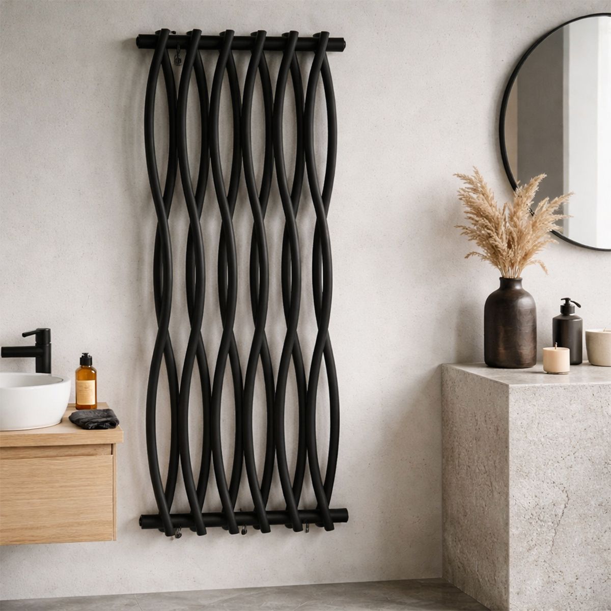 Dekorativer Heizkörper, mattschwarz, 120 x 50 cm, 506 W, 12 Heizelemente, Stahl, für Bad oder Wohnzimmer, Emre