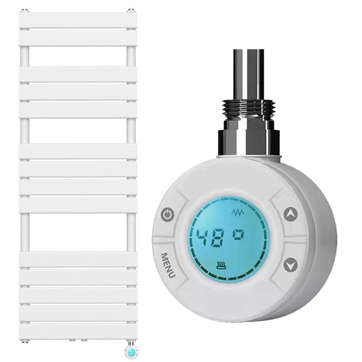 Elektrischer Heizkörper mit LCD-Thermostat, Wochenprogrammierung, Timer, Handtuchhalter, 120-140-160x50 cm, Weiß, Nadir