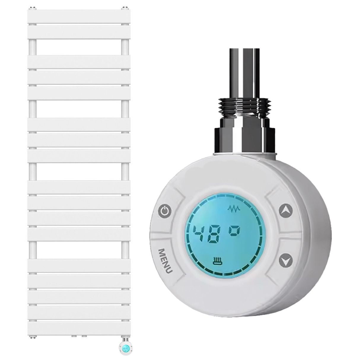 Elektrischer Heizkörper mit LCD-Thermostat, Wochenprogrammierung, Timer, Handtuchhalter, 120-140-160x50 cm, Weiß, Nadir
