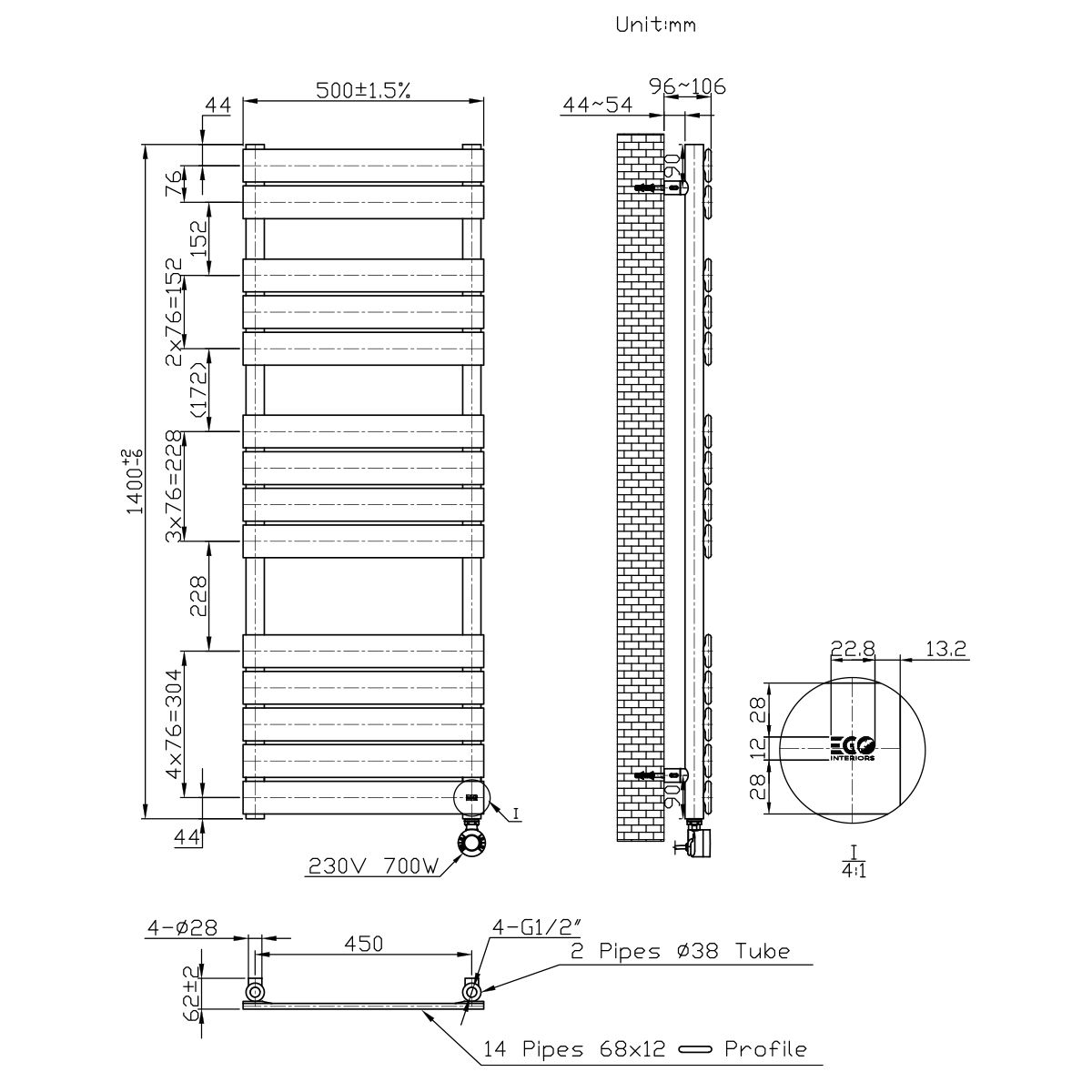 Elektrischer Heizkörper mit LCD-Thermostat, Wochenprogrammierung, Timer, Handtuchhalter, 120-140-160x50 cm, Weiß, Nadir