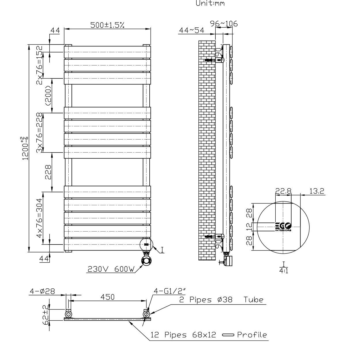 Elektrischer Heizkörper mit LCD-Thermostat, Wochenprogrammierung, Timer, Handtuchhalter, 120-140-160x50 cm, Weiß, Nadir