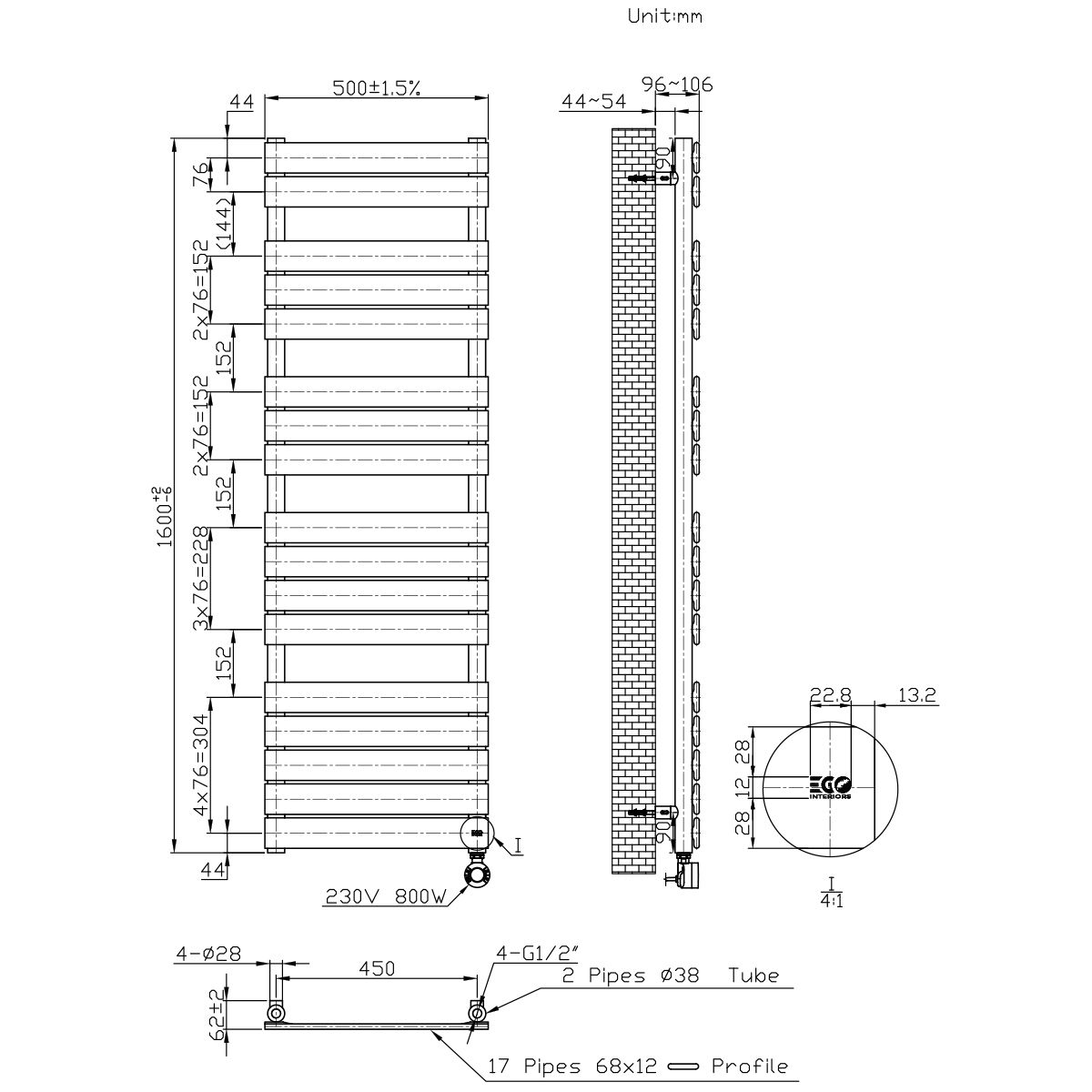 Elektrischer Heizkörper mit LCD-Thermostat, Wochenprogrammierung, Timer, Handtuchhalter, 120-140-160x50 cm, Weiß, Nadir