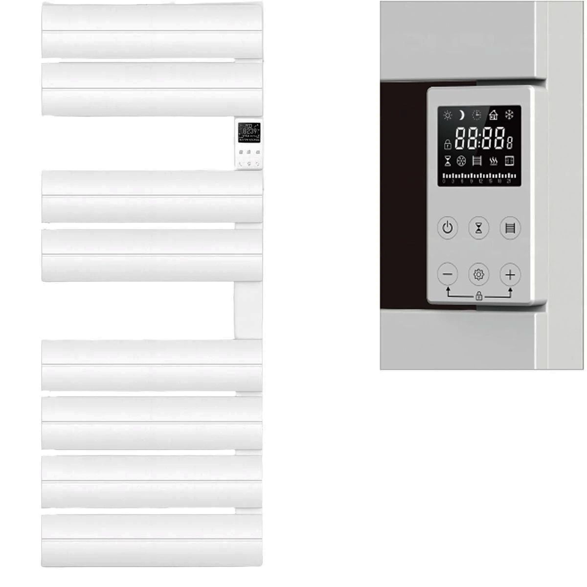 Elektrischer Handtuchheizkörper, 500 W, 230 V, Weiß, 3 Stufen, Digitalthermostat, 6 Programme, 8 Elemente, 105x55 cm, Reina
