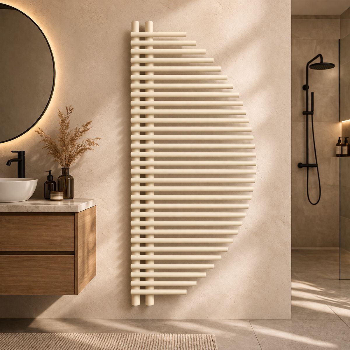 Heizkörper, Handtuchhalter aus Stahl, 33 Lamellen, 585 W, 125 x 50 cm, Creme, Brisa Blanca