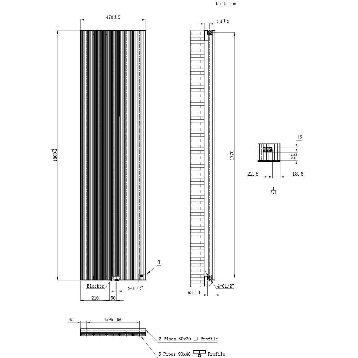 Vertikalheizkörper aus Aluminium 180x47 cm, 978 W, 5 Elemente, Anthrazit, Armonico