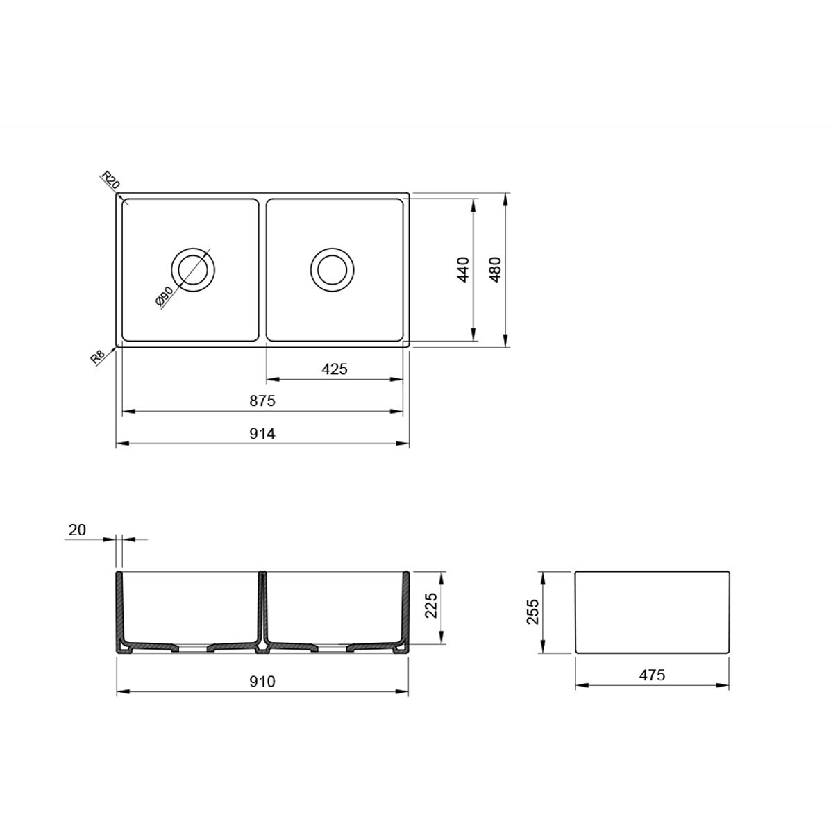 Doppel-Küchenspüle, Frontschürze, offen, Farmouse-Stil, Einbau, 91x48 cm, Anthrazit Matt, Royalty Line by Ego, Nikos